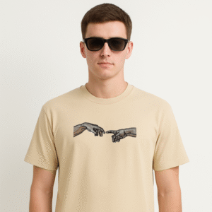 VAEANA Beige Embroidered ‘Creation of Hands’ Oversized T-Shirt: Wearable Art with Timeless Elegance