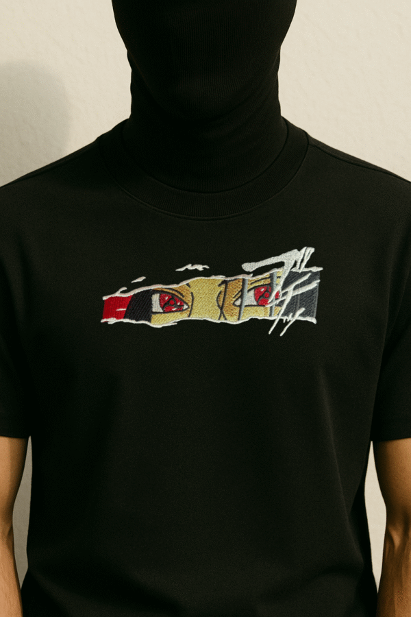 Vaeana Men’s Oversized Black T-Shirt – Embroidered Intense Gaze Eye Unique Attraction | 100% Cotton French Terry Streetwear - Image 2