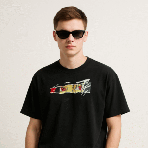 Vaeana Men’s Oversized Black T-Shirt – Embroidered Intense Gaze Eye Unique Attraction | 100% Cotton French Terry Streetwear