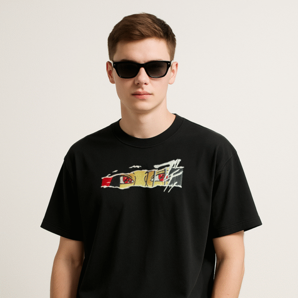 Vaeana Men’s Oversized Black T-Shirt – Embroidered Intense Gaze Eye Unique Attraction | 100% Cotton French Terry Streetwear