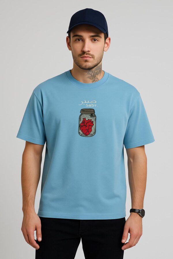 Men’s Powder Blue Oversized Embroidered T-Shirt – ‘Sabr: Heart in a Jar’ | Premium Cotton | Vaeana Limited Drop - Image 2