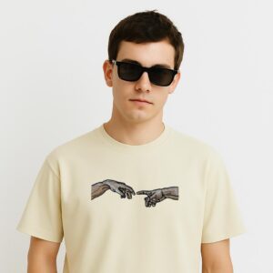 Off-White Oversized T-Shirt with ‘Creation of Hands’ Embroidery – Artistic Luxury Streetwear | Vaeana Exclusive