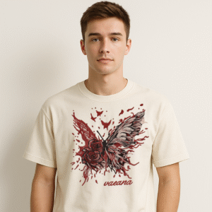 Men’s Off-White Oversized Embroidered T-Shirt – Butterfly & Rose Artistic Streetwear | Vaeana Limited Drop