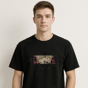 Men’s Black Oversized Anime Embroidered T-Shirt – Red Eye Character Art | Vaeana Streetwear Limited Drop