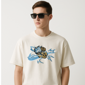 Vaeana Anime Thunder Strike Embroidered Oversized T-Shirt for Men – Off-White Cotton Streetwear